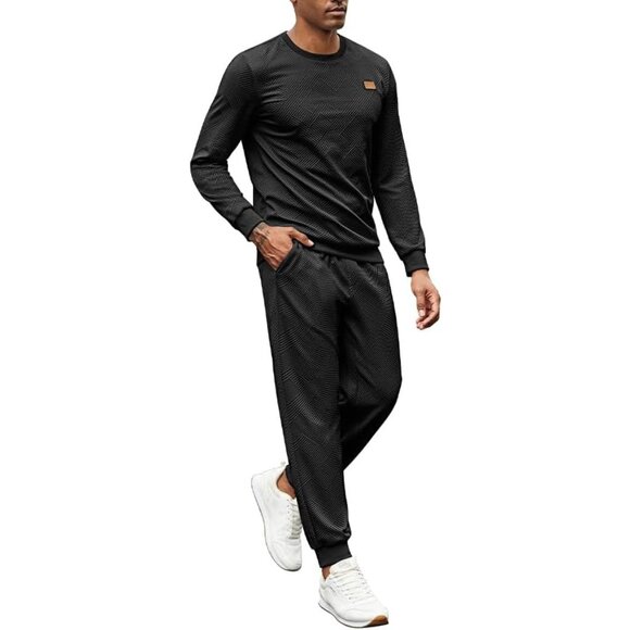 Men's 2 Piece Sweat suit Jogging Suit Sets Long Sleeve Jacquard Shirt Black - Picture 3 of 8